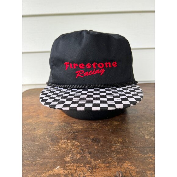 Vintage Firestone Racing Checkered Brim Black Snapback Hat H3 - Picture 1 of 4